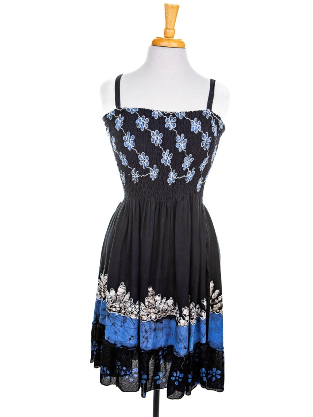WF Free Size Black & Blue Embroidered Smocked Sundress Boho Beach Dress